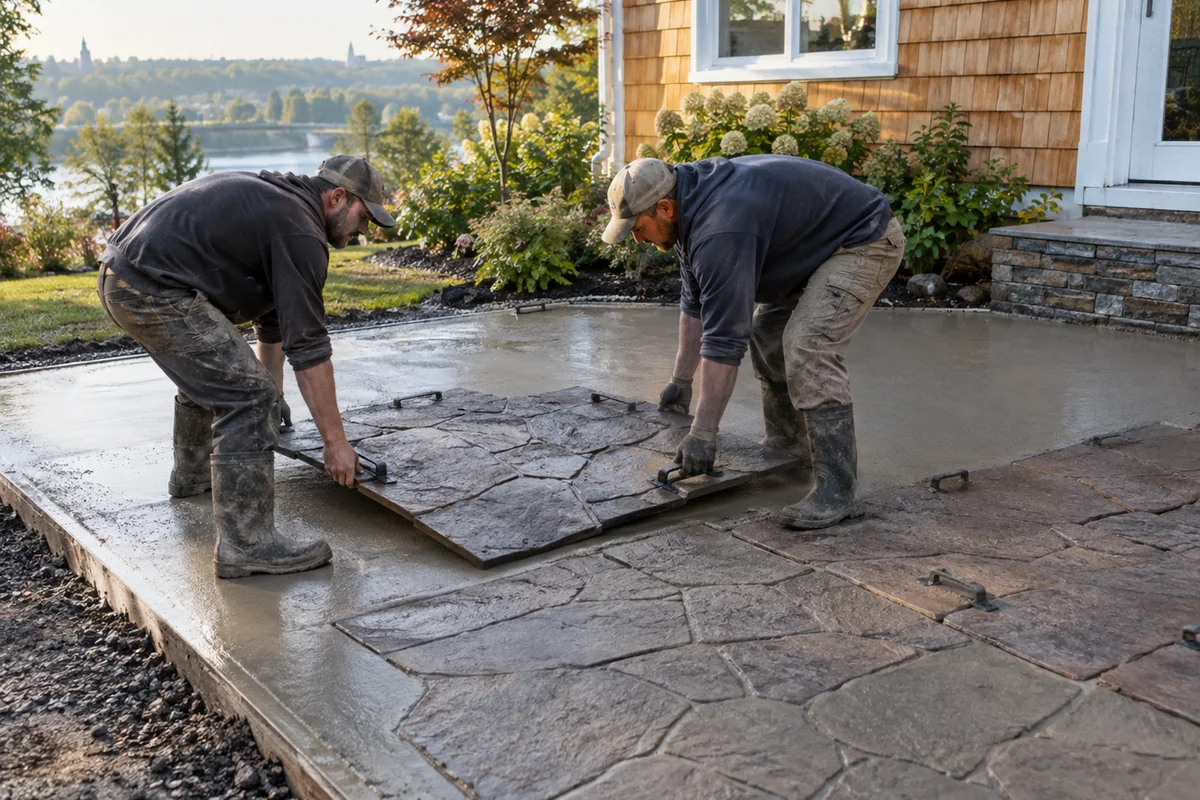 Stamped Concrete Patios and Driveways active worksite overview in Fredericton